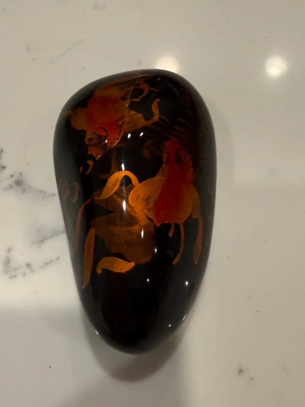 Paperweight Orange Koi on Black Laquered Stone Vietnam Hand Painted Vintage